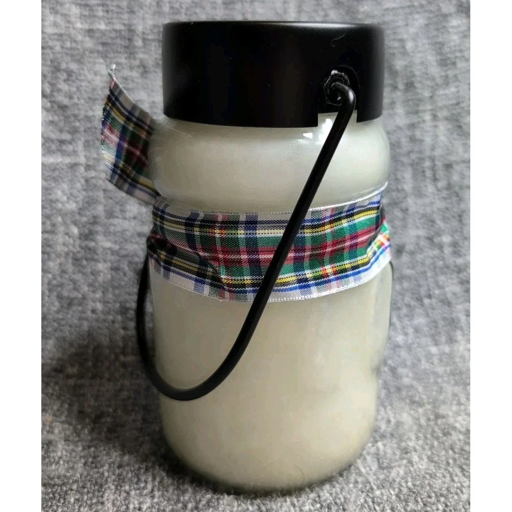 Snowman Sugar Cookie Scented Jar Candle In Black Metal Holder Plaid Ribbon